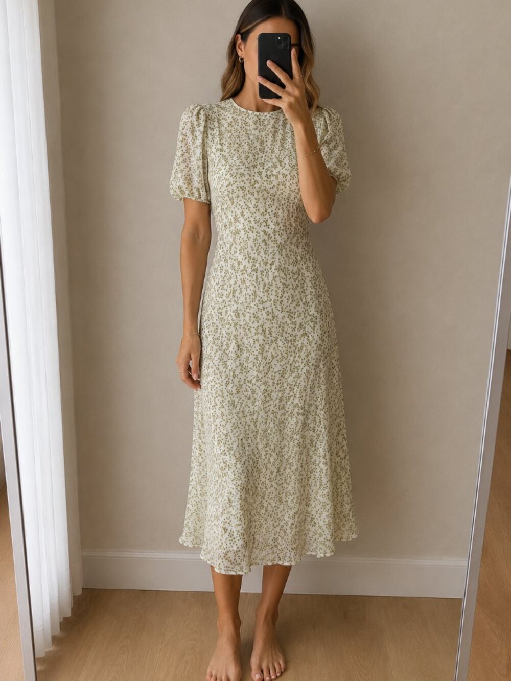 Reformation Green Ivory Floral Print Midi Dress Short Sleeves Size 6
